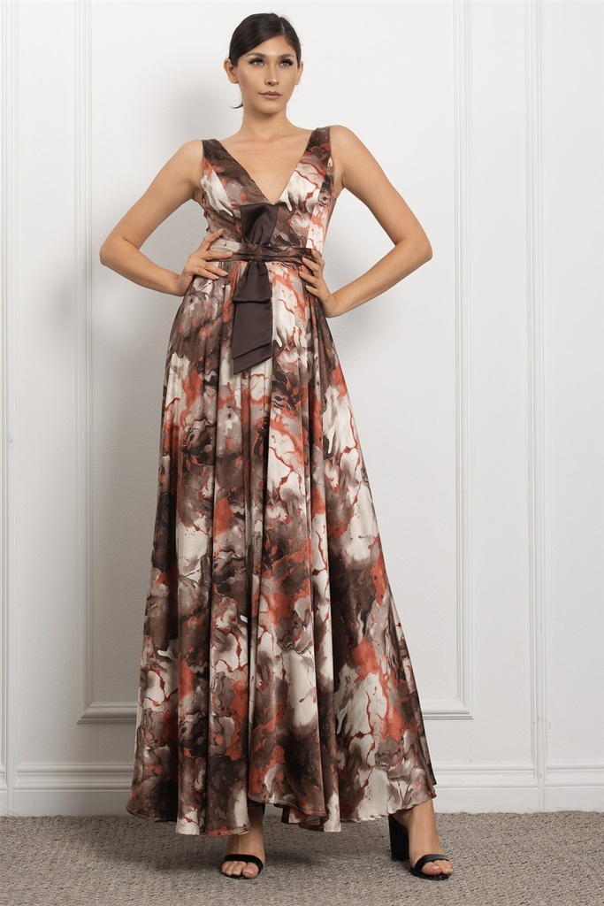 RVD6384 ROSEVELVET VESTIDO LARGO ACAMPANADO MARRON BLANCO