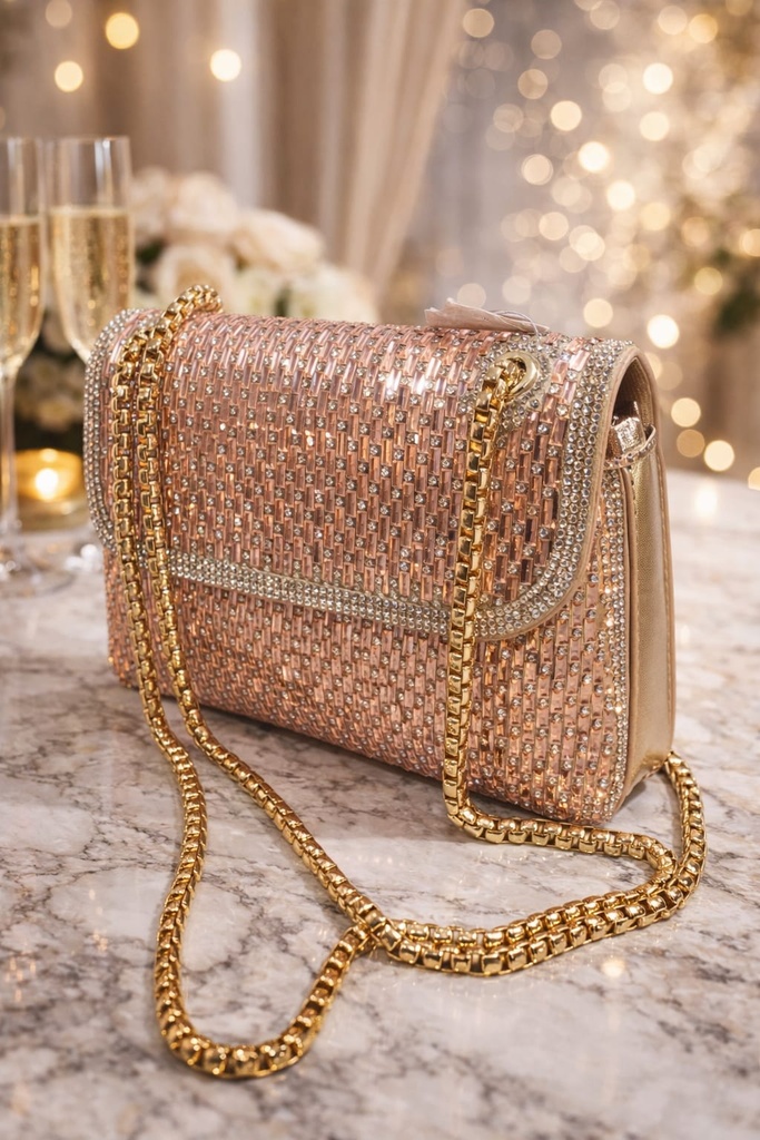 HBG104164 CARTERA GALA ORO ROSA CRISTALES