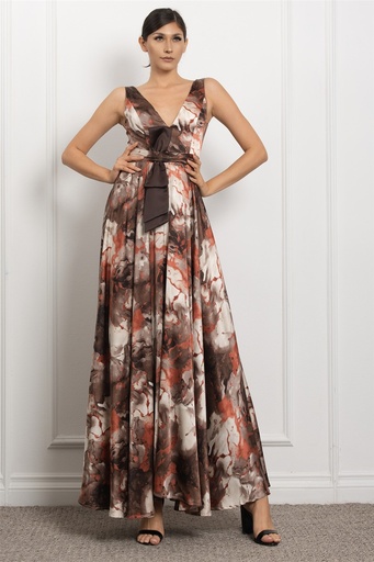 RVD6384 ROSEVELVET VESTIDO LARGO ACAMPANADO MARRON BLANCO