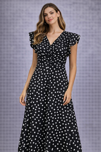 011 VESTIDO LARGO NEGRO PUNTOS BLANCOS